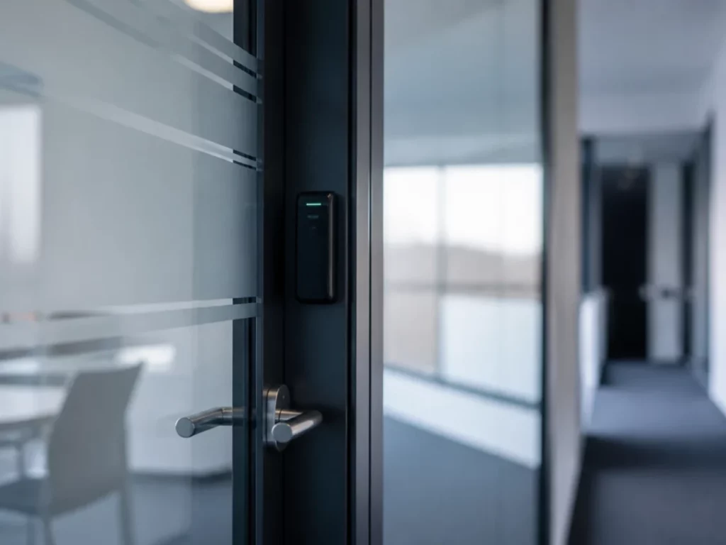 Porte palière de bureaux équipée d’un lecteur de badge, accès d’un plateau tertiaire