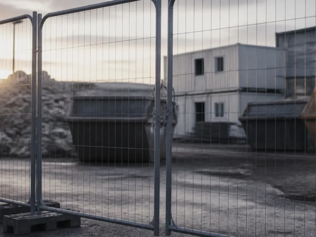 Clôture grillagée et base vie modulaire sur un chantier, emprise à protéger sans installation fixe