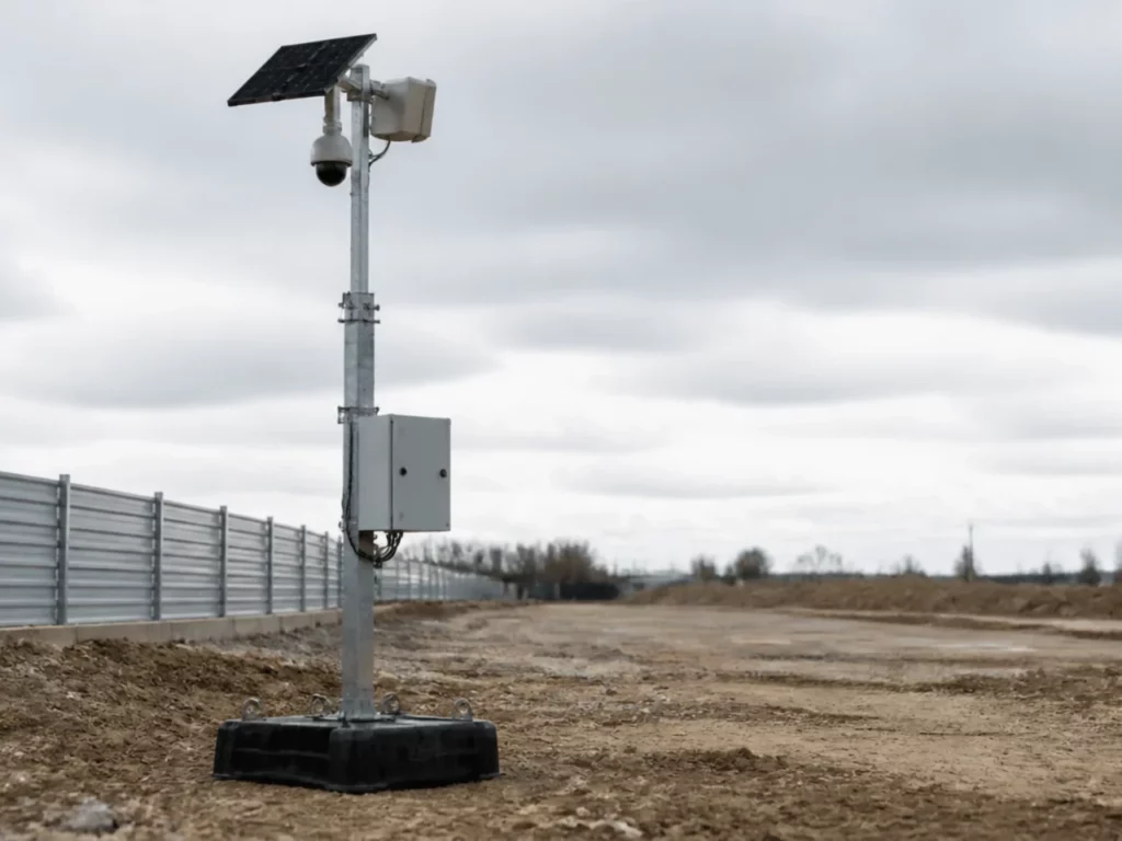 Mât autonome lesté à panneau solaire en bord de chantier, support d’une vidéosurveillance provisoire