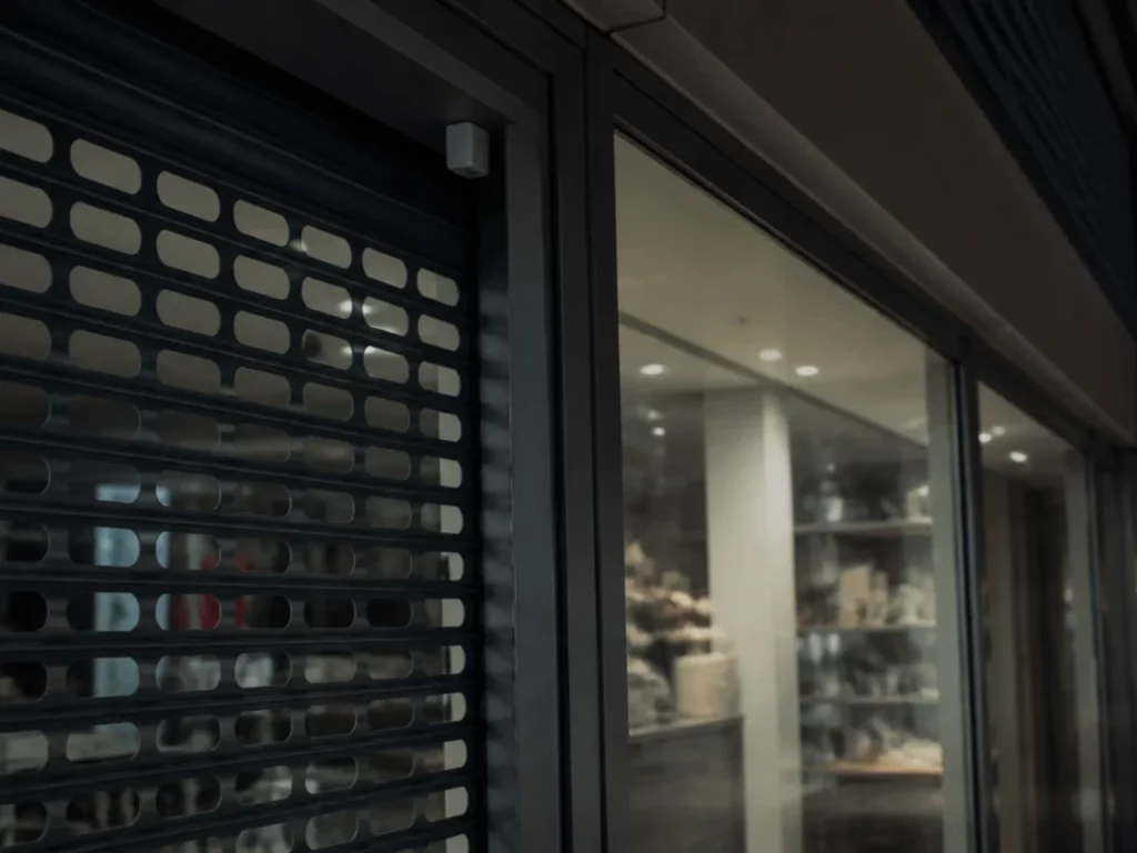 Vitrine de magasin fermée et contact d’ouverture en haut de porte, enveloppe d’un commerce protégée