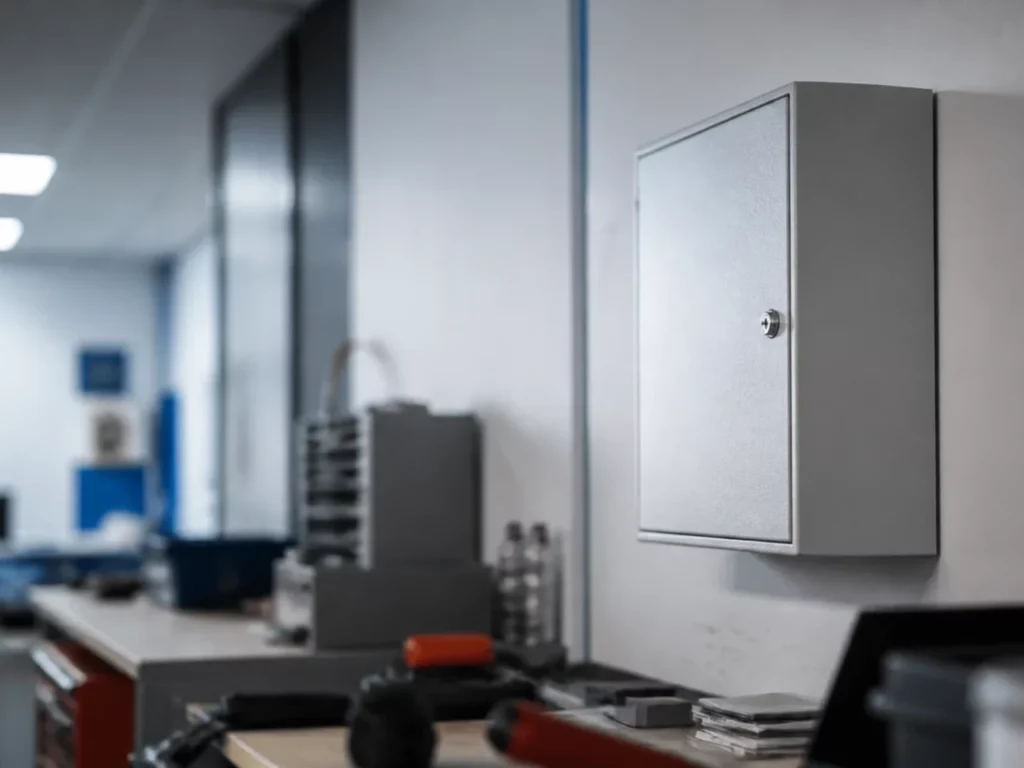 Armoire à clés fermée dans un bureau d’atelier, point sensible d’une concession automobile