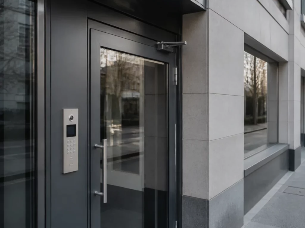 Porte de hall d’immeuble avec platine d’interphone et ferme-porte, accès des parties communes