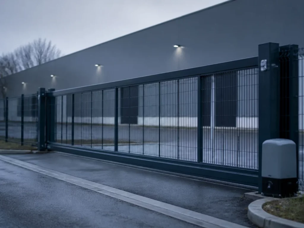 Clôture rigide et portail coulissant en limite d’un site logistique, premier cercle de protection