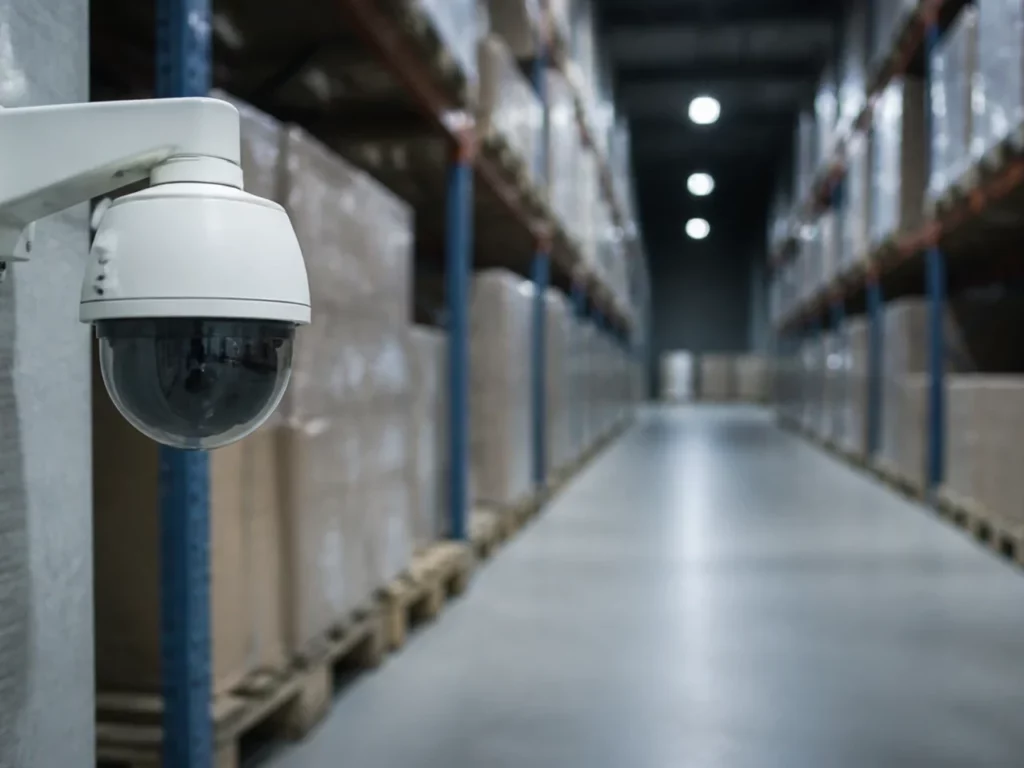 Allée de racks d’entrepôt en enfilade, distance à couvrir en vidéosurveillance d’entrepôt
