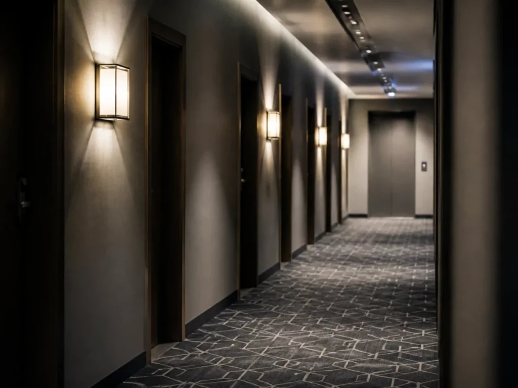 Couloir d’étage d’hôtel désert avec portes de chambres alignées, circulation à contrôler