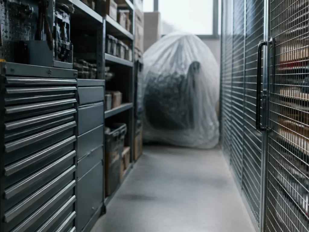 Magasin d’outillage fermé par une grille dans un atelier, zone armée d’un site industriel