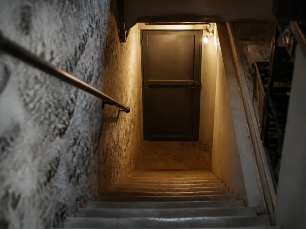 Escalier et porte de cave d’un établissement de restauration, zone d’armement distincte de la salle