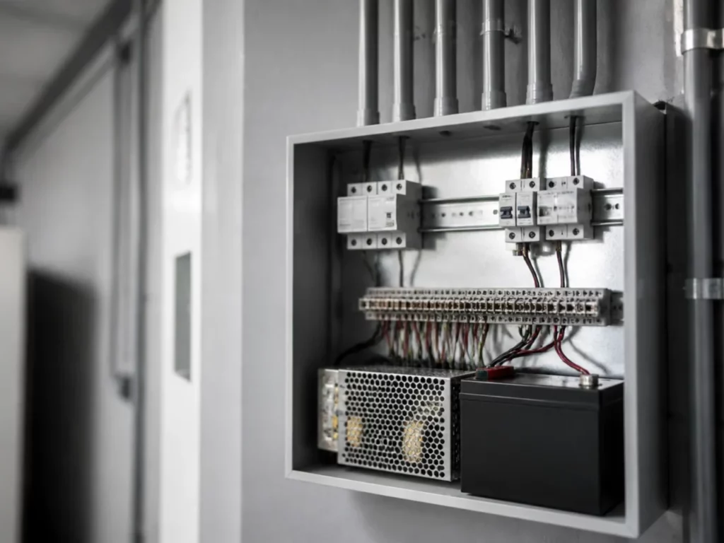 Alimentation secourue et batterie dans un coffret mural ouvert, sous-ensemble technique d’une installation