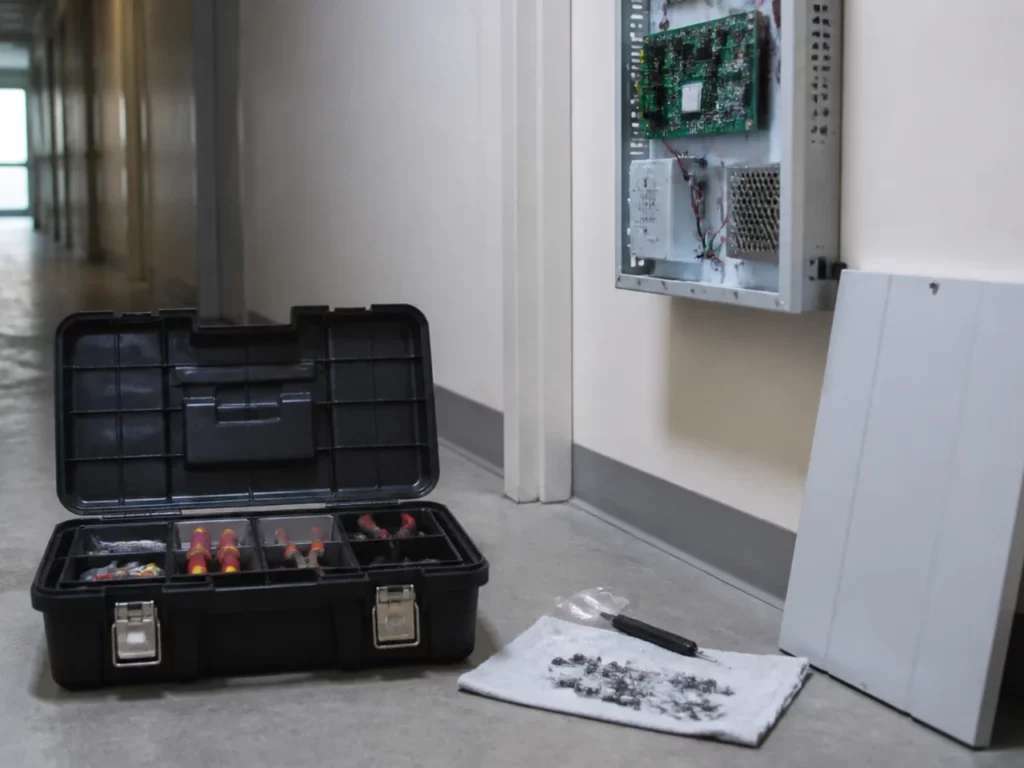 Caisse à outils et coffret d’alarme démonté dans un couloir de service, intervention de maintenance