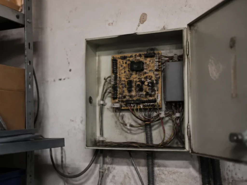 Coffret d’alarme ancien au câblage hétérogène dans une réserve, installation existante à reprendre