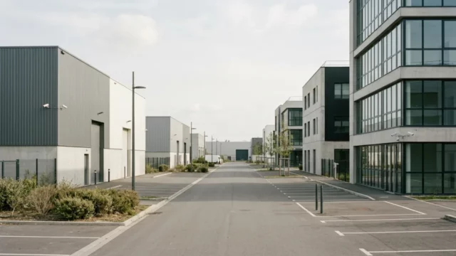 Zone d’activité de Seine-Saint-Denis mêlant entrepôts, petites unités industrielles et bureaux récents