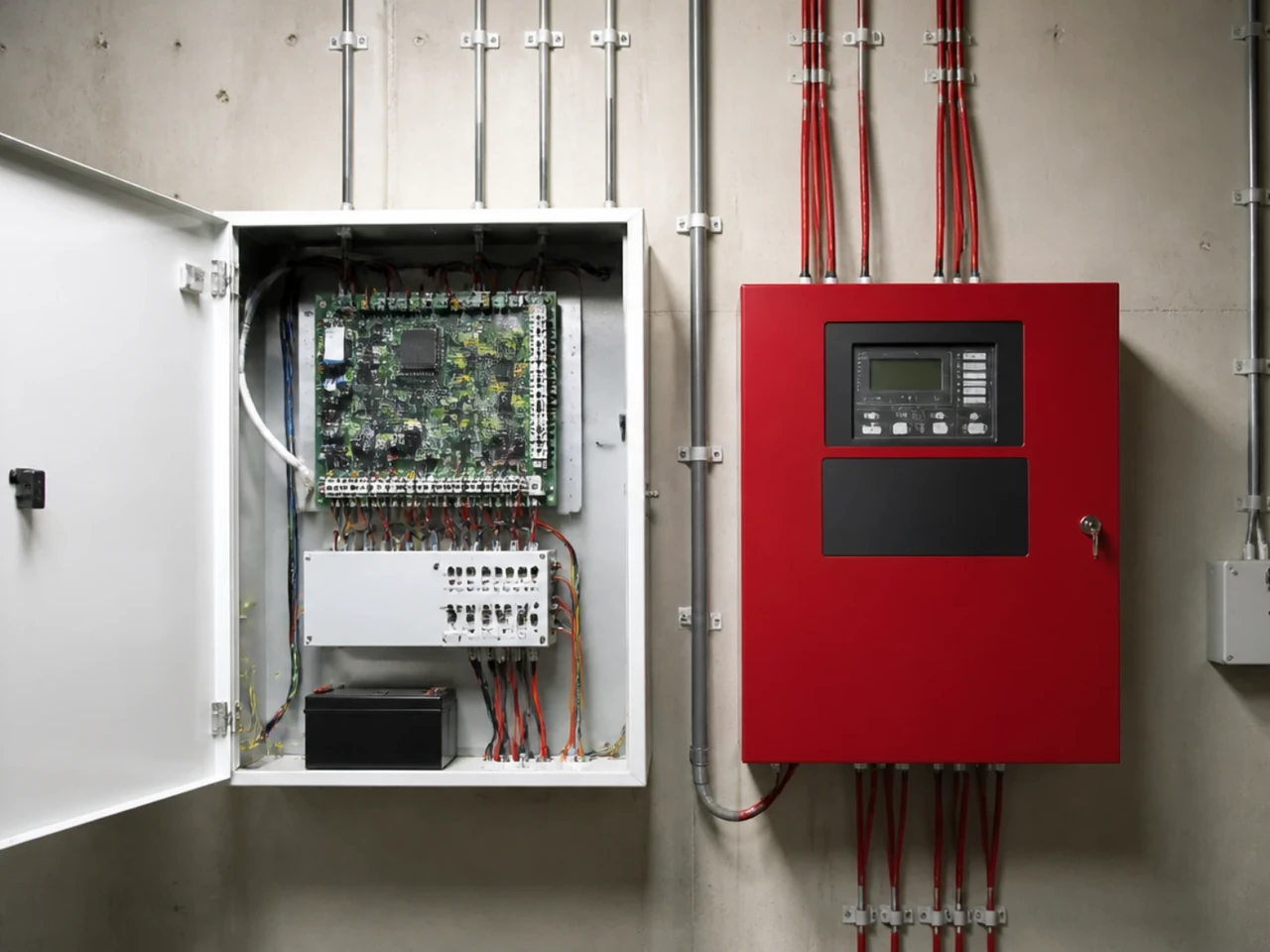 Local technique avec une centrale d’alarme intrusion et un tableau de détection incendie sur deux armoires séparées