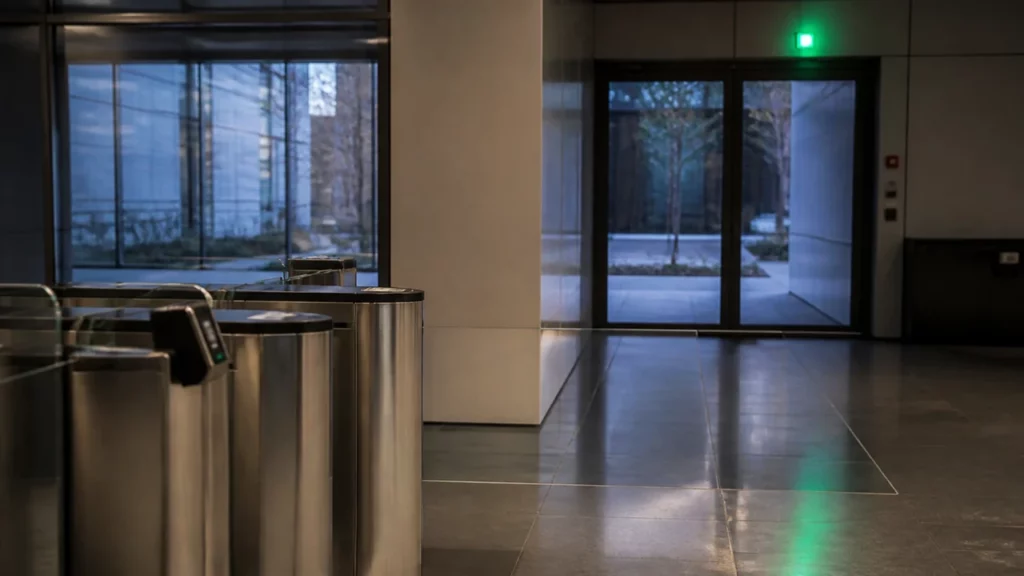 Hall de bureaux équipé d’un lecteur de badge et d’un bloc d’éclairage de sécurité au-dessus de l’issue