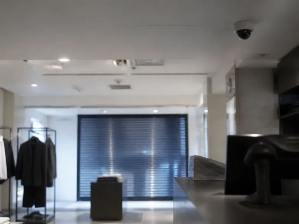 Zone de caisse d’une boutique de centre-ville, caméra dôme au plafond et rideau métallique baissé au fond