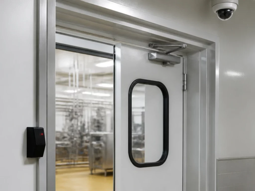 Porte d’accès d’un atelier agroalimentaire équipée d’un lecteur de badge, avec une caméra dôme au plafond du couloir