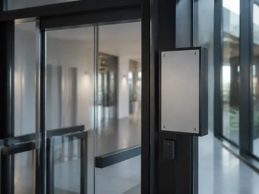 Support de signalétique vierge posé à l’entrée d’un hall, emplacement type d’un panneau de vidéosurveillance