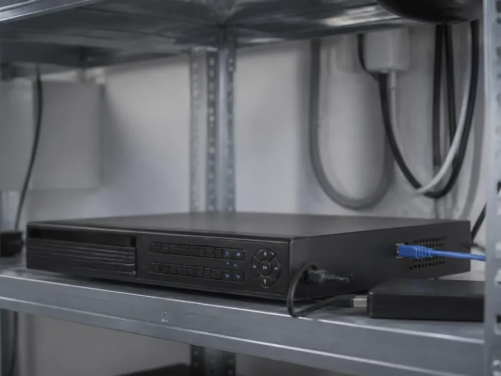 Enregistreur vidéo et disque d’extraction dans un local technique, poste d’export des enregistrements