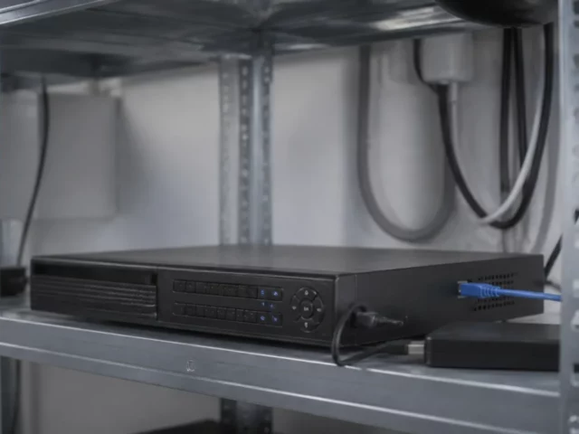 Enregistreur vidéo et disque d’extraction dans un local technique, poste d’export des enregistrements