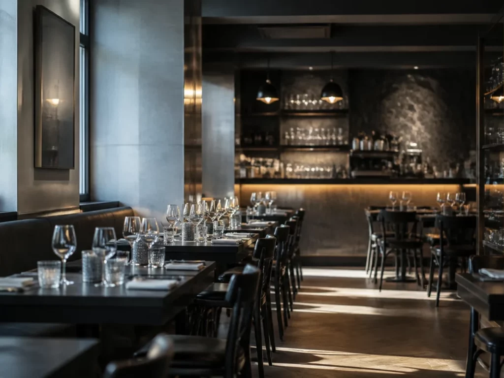 Salle de restaurant vide avant le service, zone couverte par les caméras de surveillance