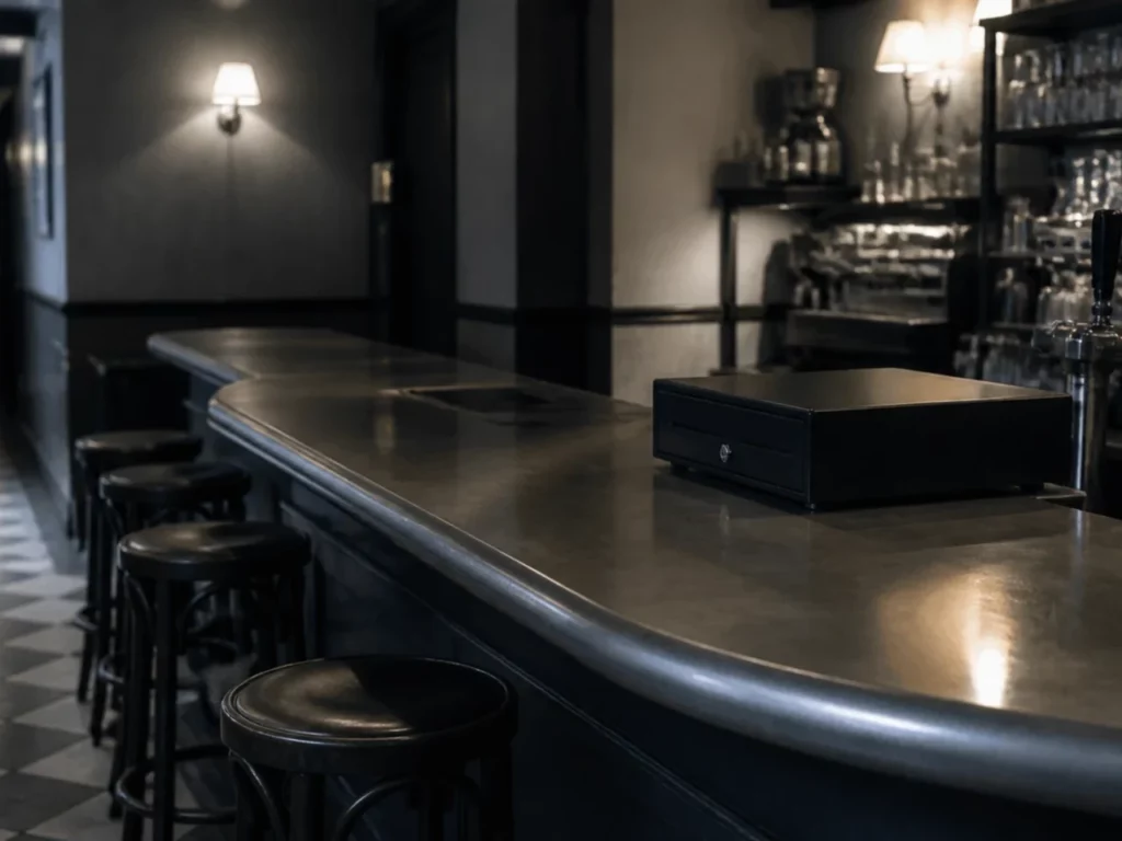 Comptoir de bar et tiroir-caisse fermé en fin de soirée dans un restaurant