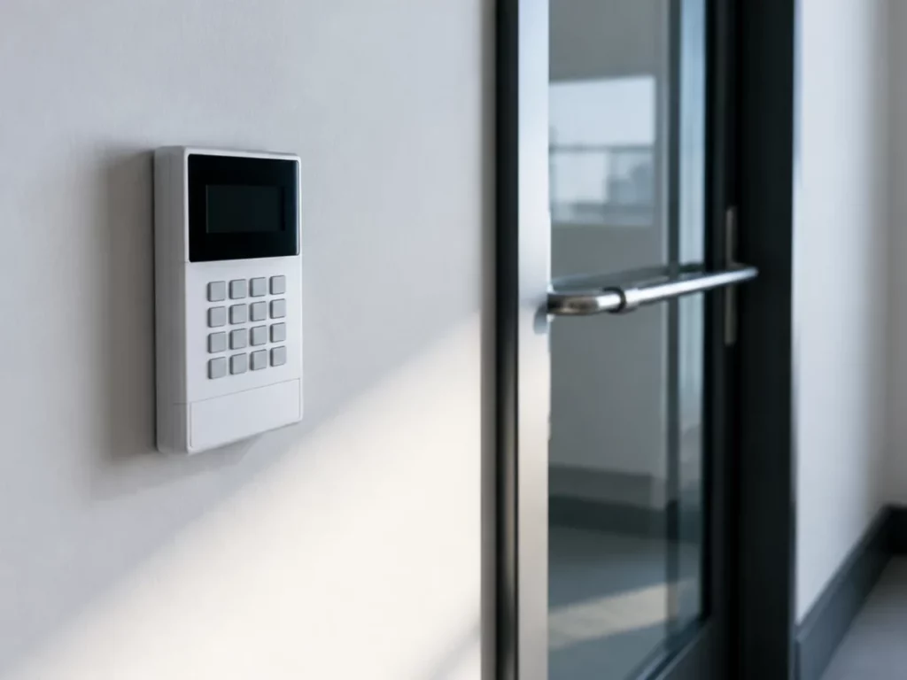 Clavier d’alarme près d’une porte de sortie, équipement couvert par un contrat de maintenance