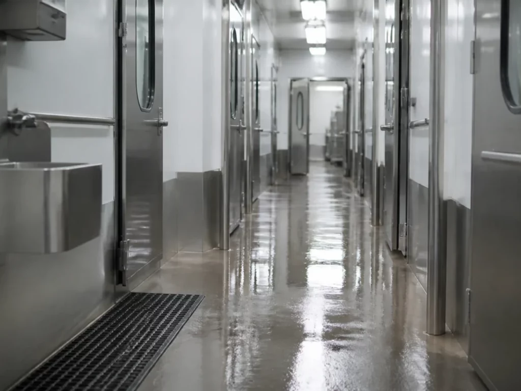 Couloir inox d’une zone de production alimentaire, accès à maîtriser dans une démarche de food defense