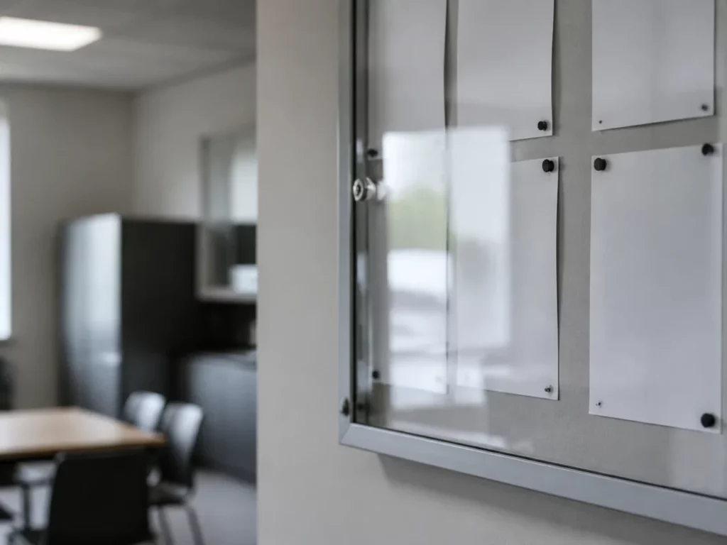 Panneau d’affichage vitré dans une salle de pause, support du règlement intérieur d’une entreprise