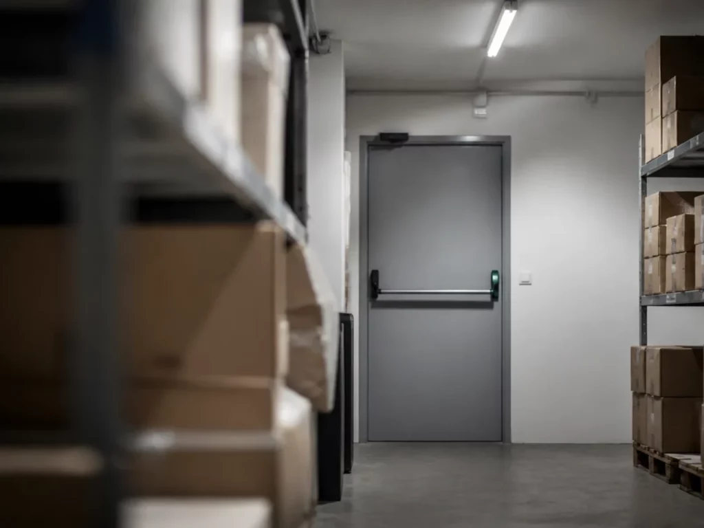 Arrière-boutique avec rayonnages et issue de secours, zone réservée au personnel d’un commerce