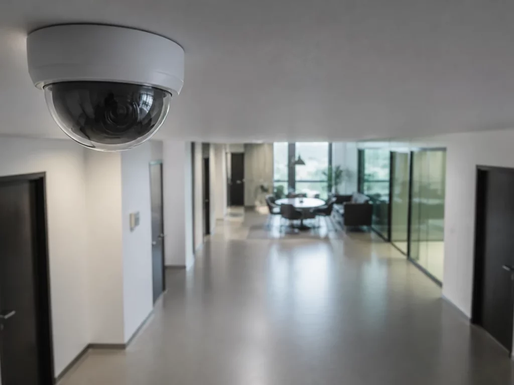 Couloir de bureaux couvert par une caméra dôme, espace de pause visible en arrière-plan