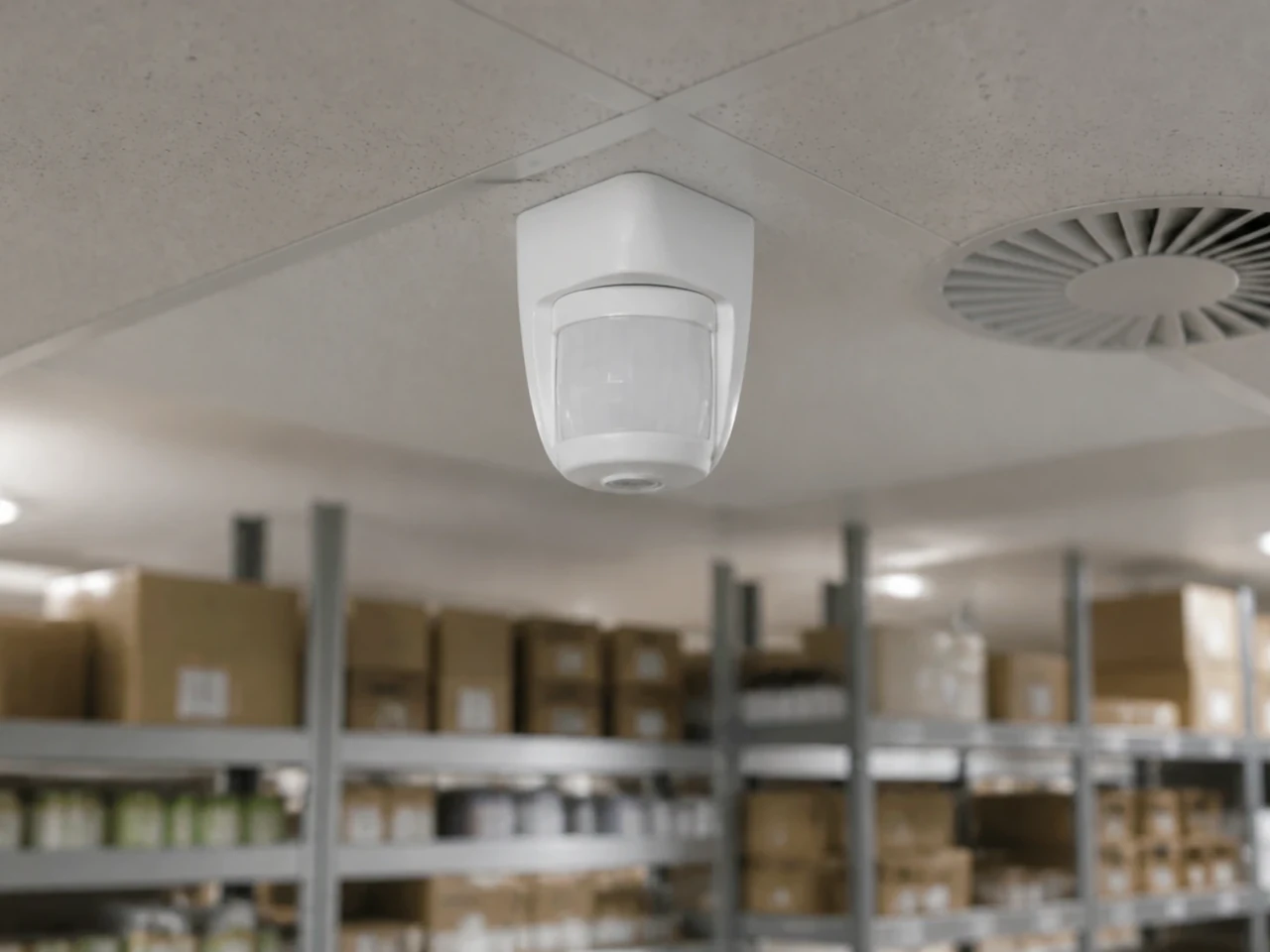 Détecteur de mouvement fixé en angle de plafond à proximité d’une bouche de ventilation