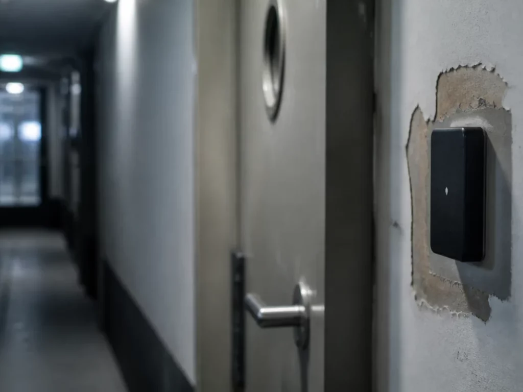 Lecteur de badge à voyant éteint près d’une porte coupe-feu, équipement de contrôle d’accès en défaut