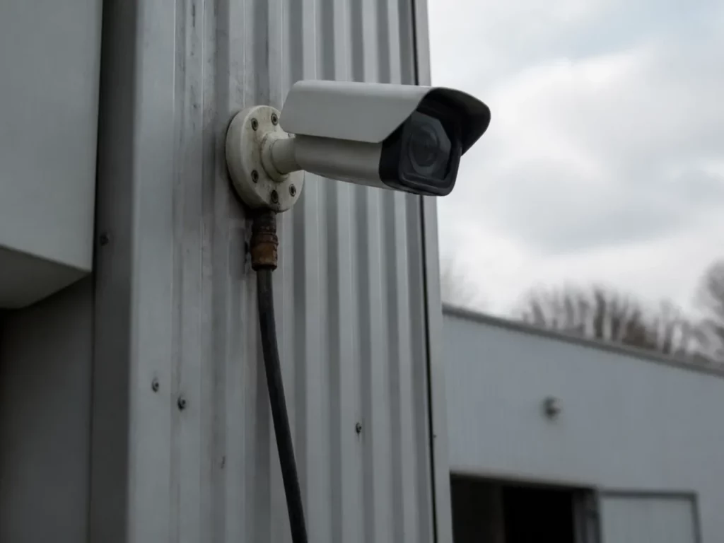 Caméra extérieure et câble corrodé sur une façade d’entrepôt, caméra de surveillance hors ligne