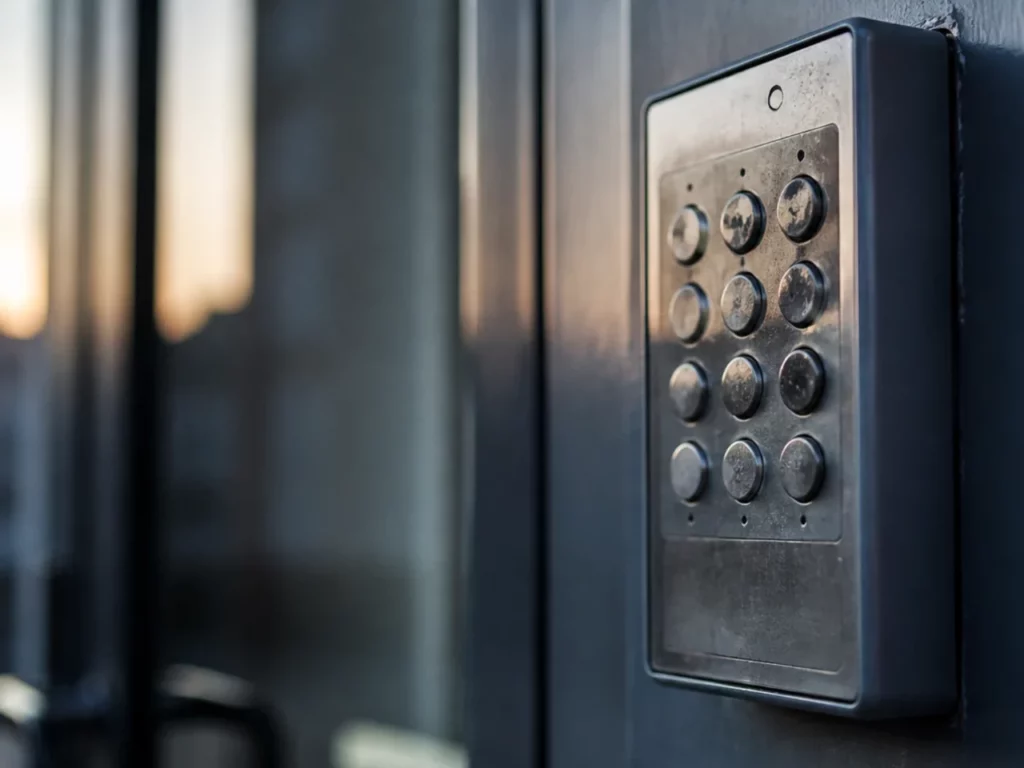 Clavier codé aux touches usées sur une porte d’immeuble, digicode en défaut de saisie