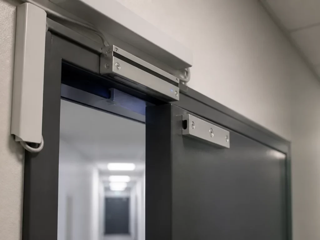 Ventouse électromagnétique en haut d’une porte de service, organe commandé par le digicode