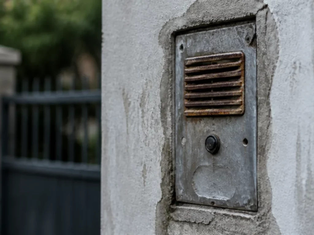 Platine de rue d’interphone oxydée et joint décollé sur une façade, équipement exposé aux intempéries