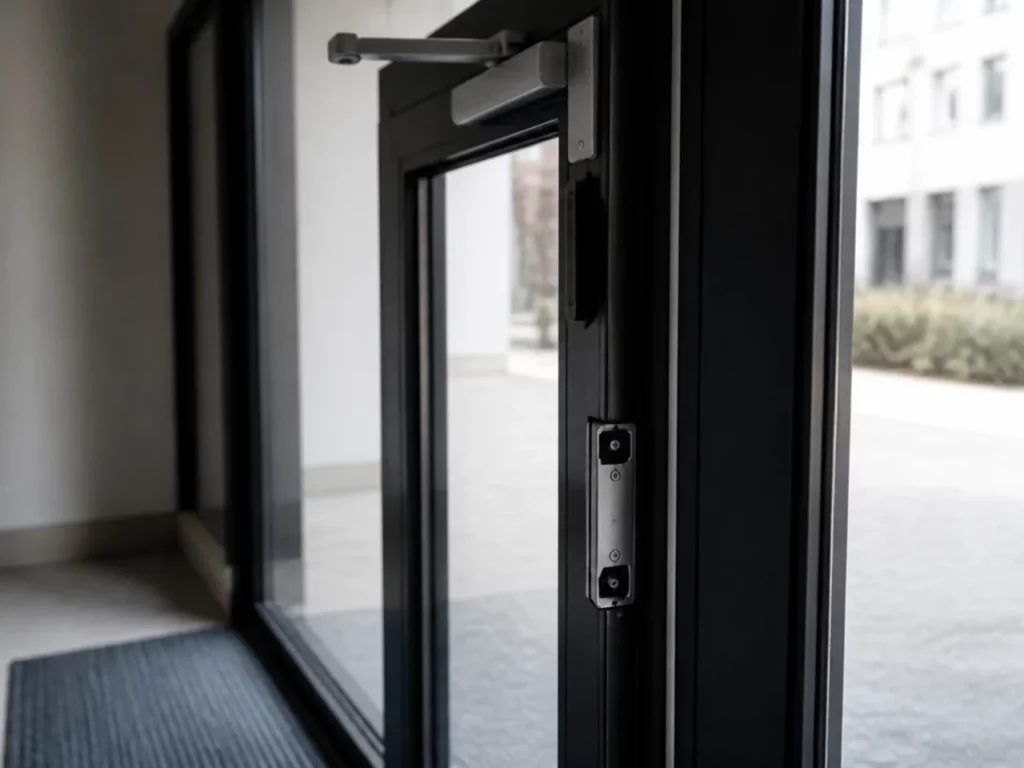 Gâche électrique et ferme-porte d’une porte de hall, organe d’ouverture commandé par l’interphone