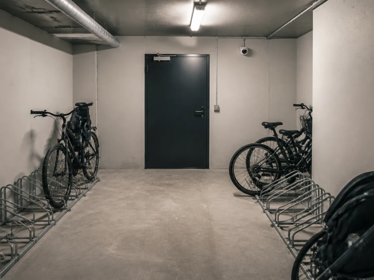 Local vélos d’immeuble avec une caméra murale orientée vers la porte d’accès