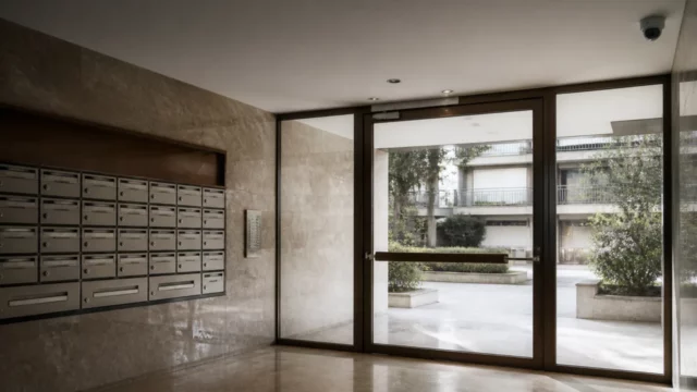 Hall d’immeuble avec platine d’interphone et caméra dôme fixée en angle de plafond