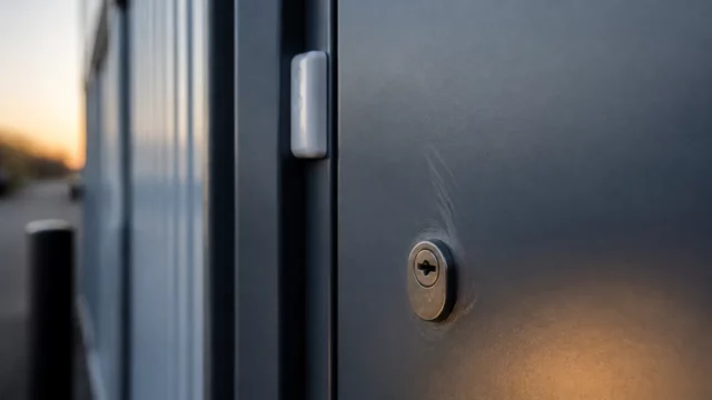 Porte de service métallique d’un local d’activité avec un cylindre de serrure rayé et un contact d’ouverture