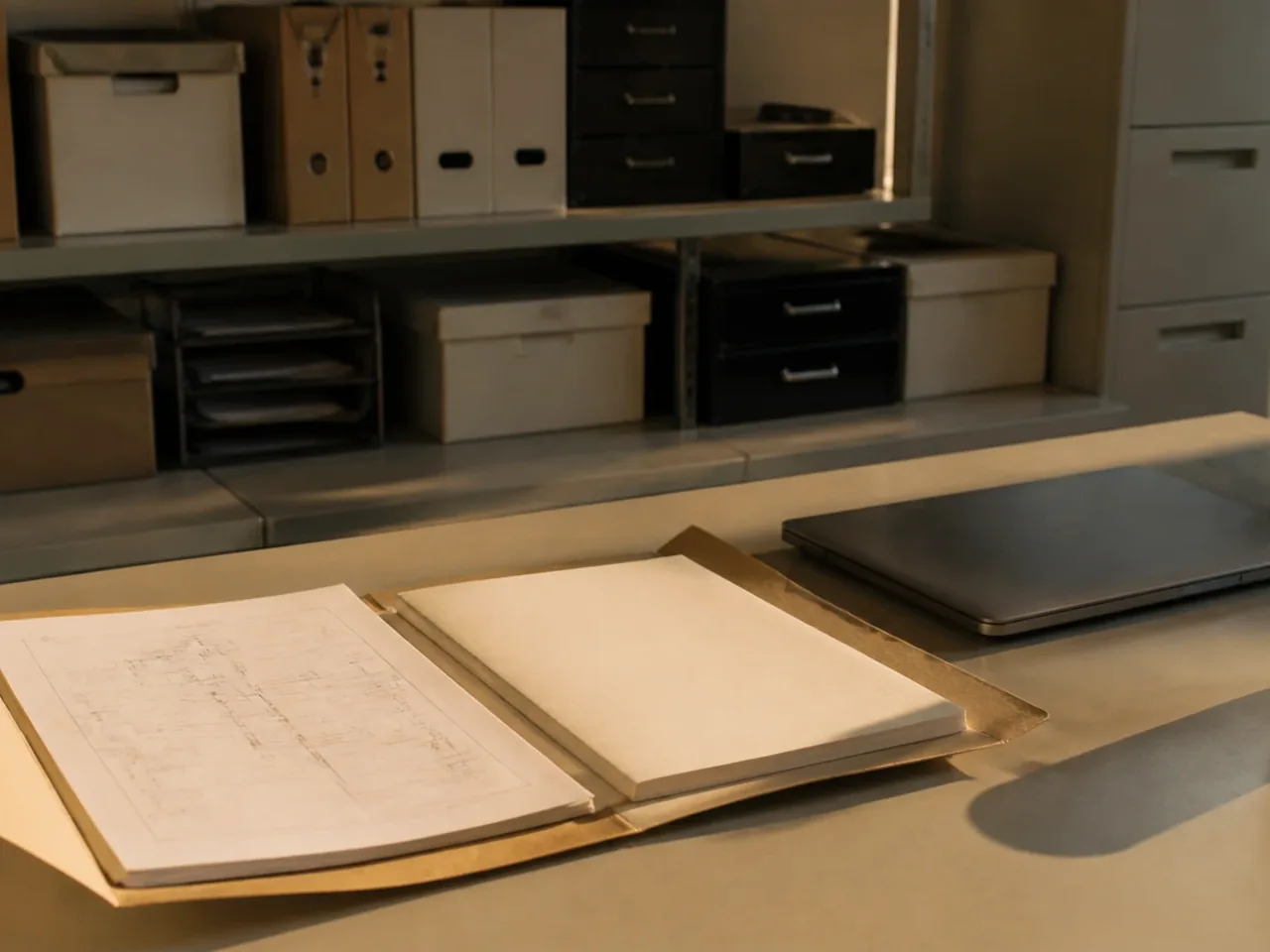 Dossier ouvert sur un bureau d’arrière-boutique avec plan des locaux annoté, facture vierge et ordinateur portable fermé