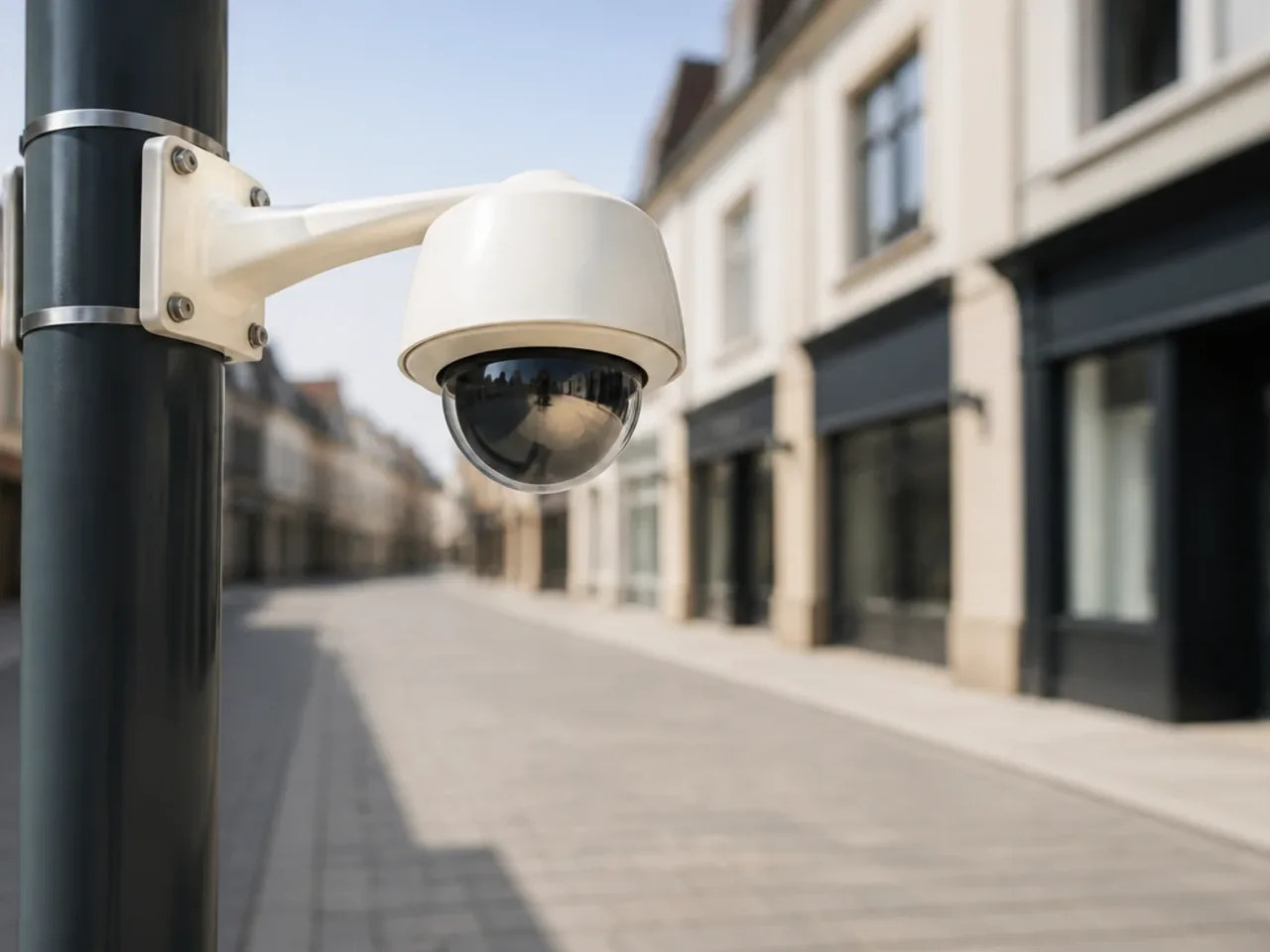 Caméra de vidéoprotection municipale fixée sur un mât au-dessus d'une rue commerçante piétonne