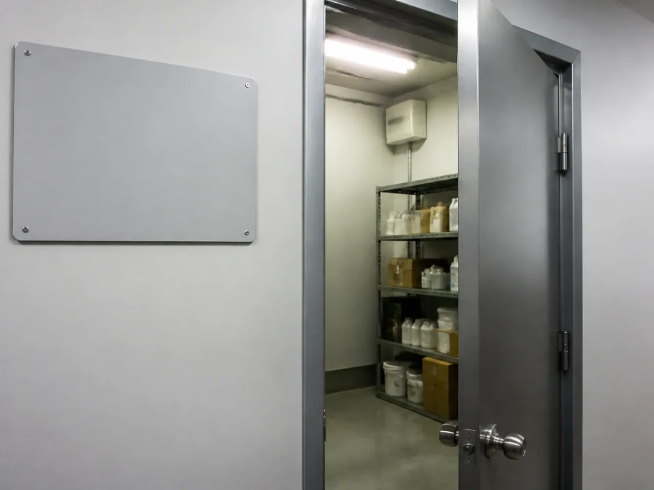 Panneau d’avertissement vierge fixé à côté de la porte d’une réserve, boîtier opacifiant visible en hauteur à l’intérieur