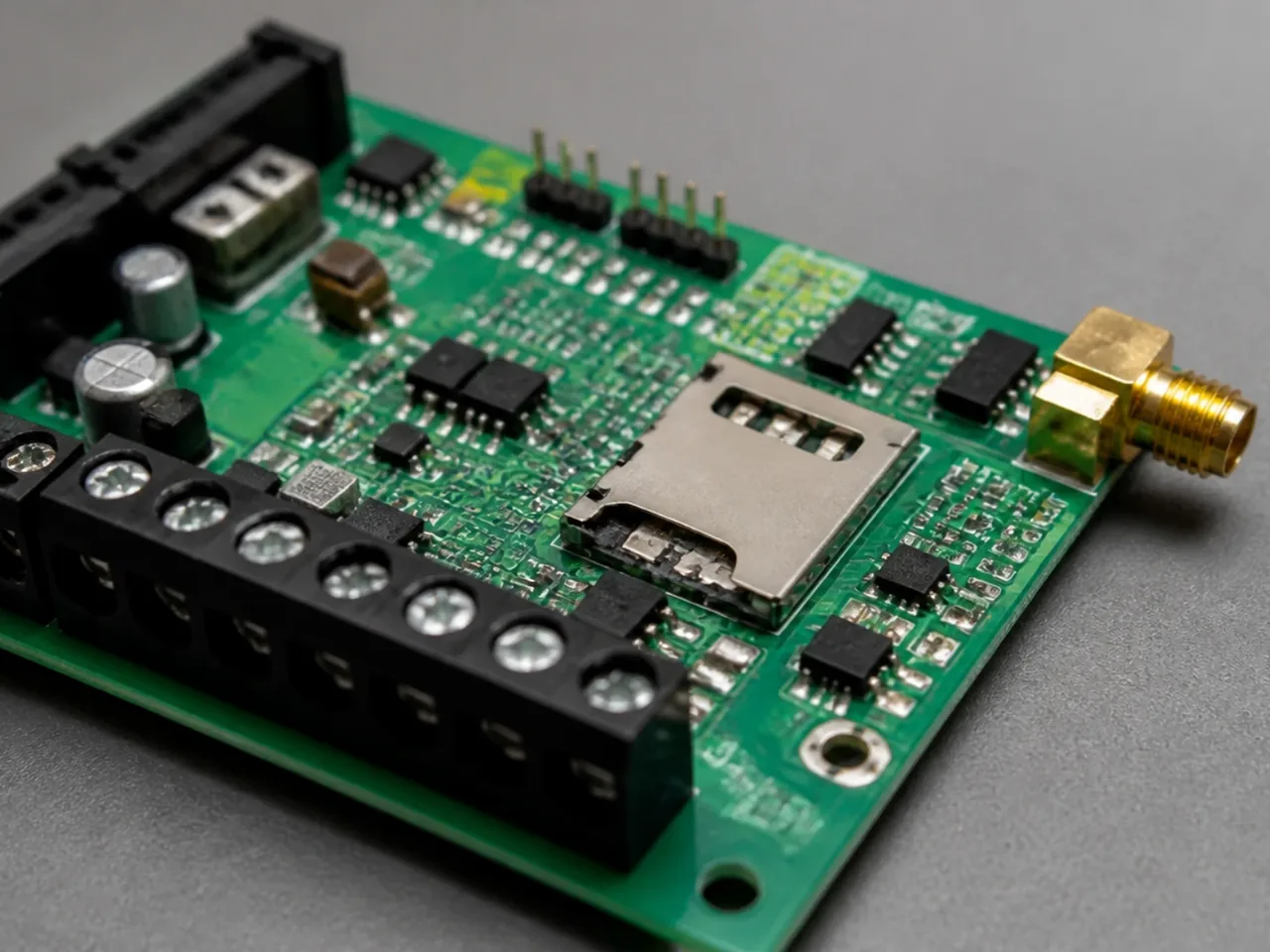 Gros plan d'une carte électronique de transmetteur d'alarme avec son lecteur de carte SIM et son connecteur d'antenne