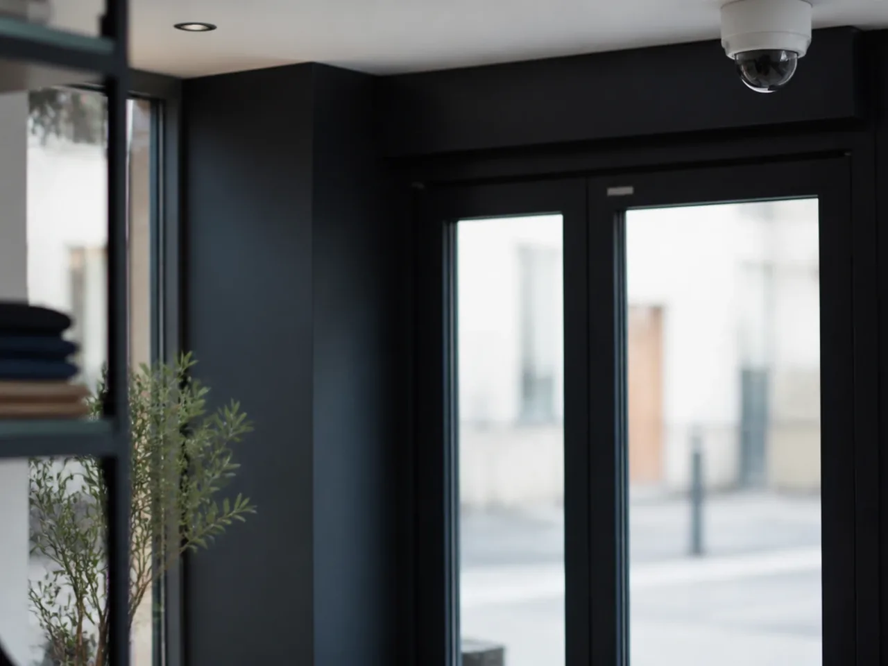 Caméra dôme fixée au-dessus de la porte d'entrée vitrée d'une boutique vue depuis l'intérieur