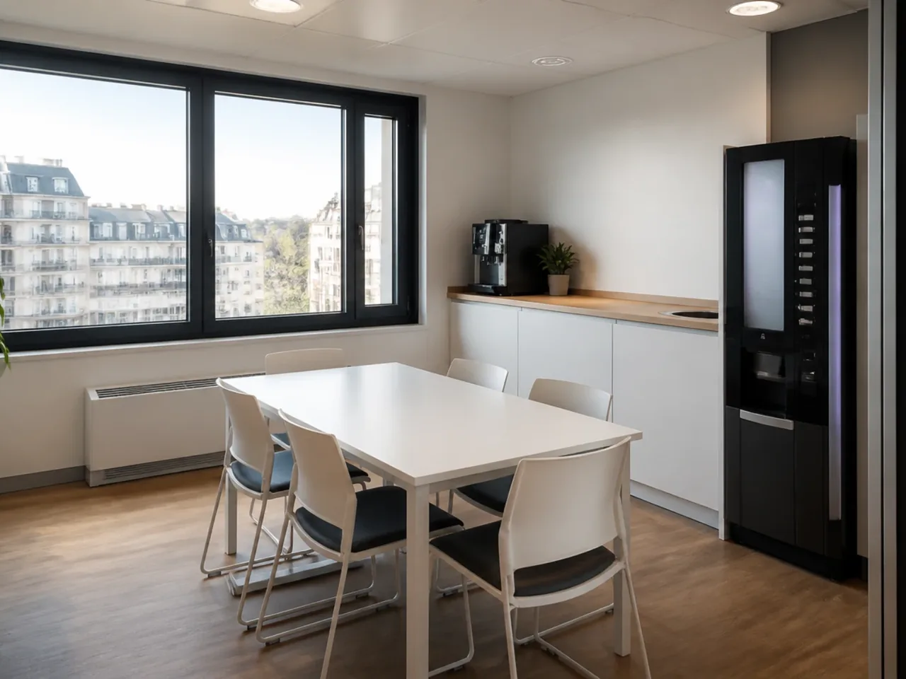 Salle de pause d'entreprise vide avec une table, des chaises, une machine à café et un distributeur de boissons