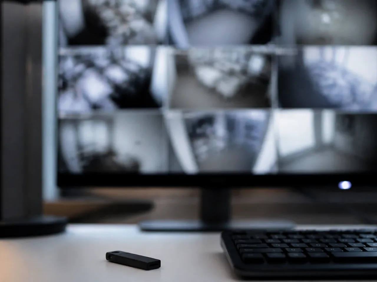Écran affichant une mosaïque de caméras et clé de sécurité USB posée devant le clavier d'un poste de travail