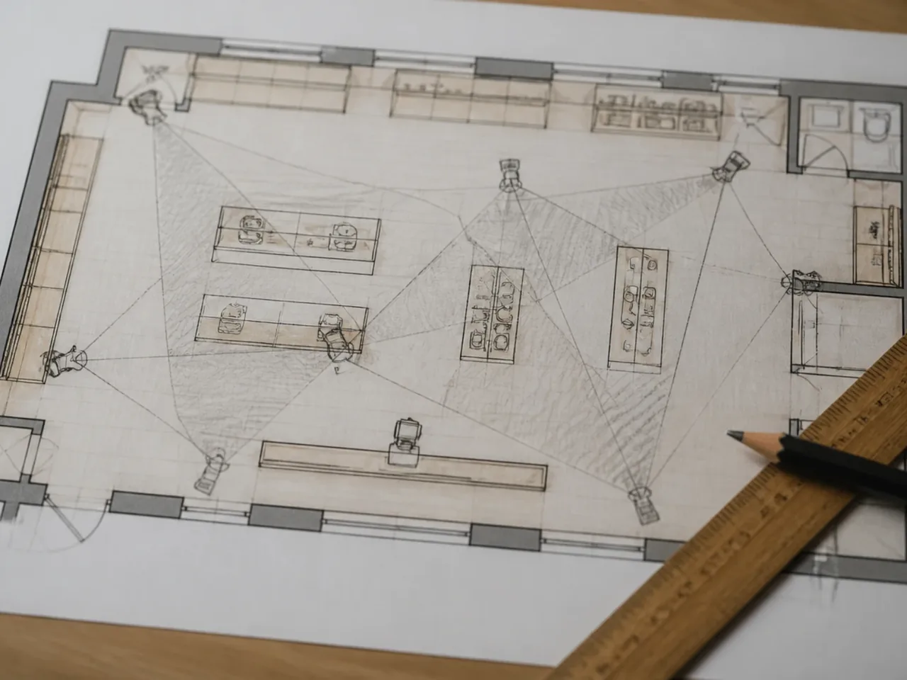 Plan d'implantation de caméras d'un commerce imprimé sur une table, cônes de vision dessinés au crayon