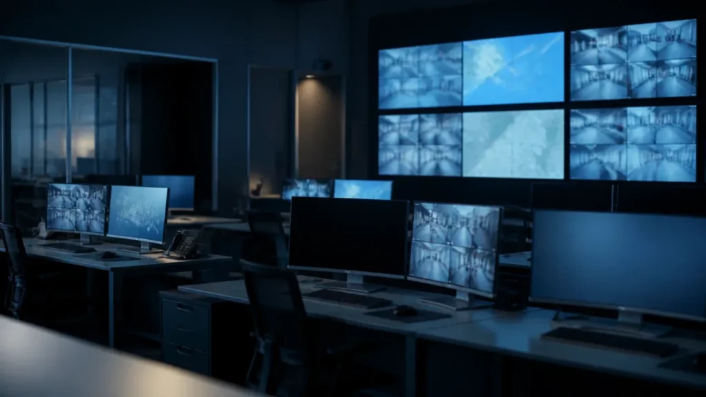 Salle d’exploitation de télésurveillance plongée dans la pénombre, postes vides devant des murs d’écrans aux images floues