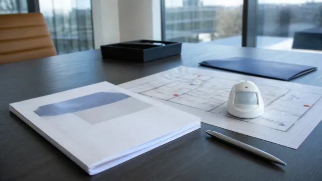 Devis imprimé posé sur un bureau à côté d’un plan de locaux annoté et d’un détecteur de mouvement