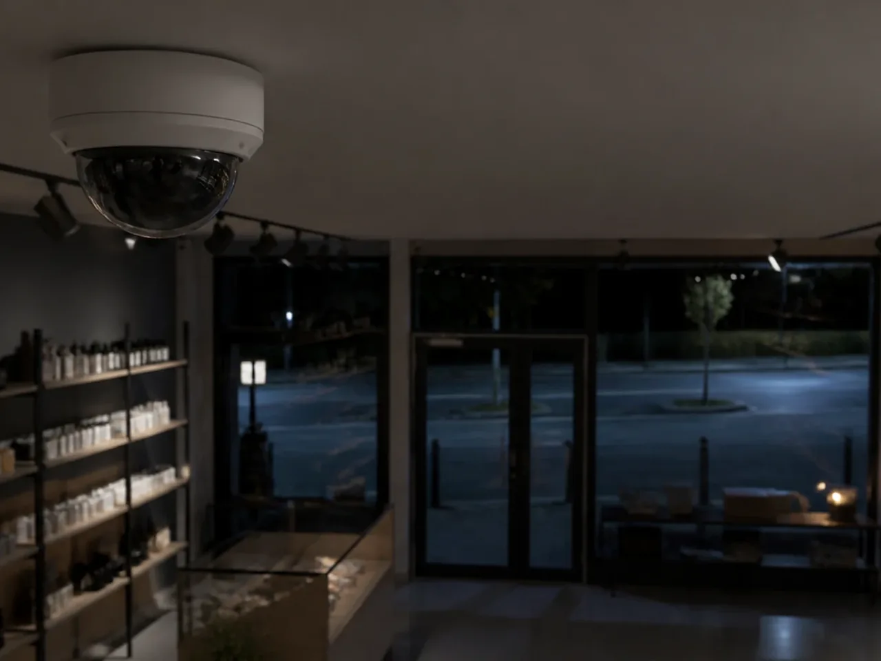 Caméra dôme fixée au plafond d’une boutique fermée, cadrée sur la porte d’entrée et la vitrine